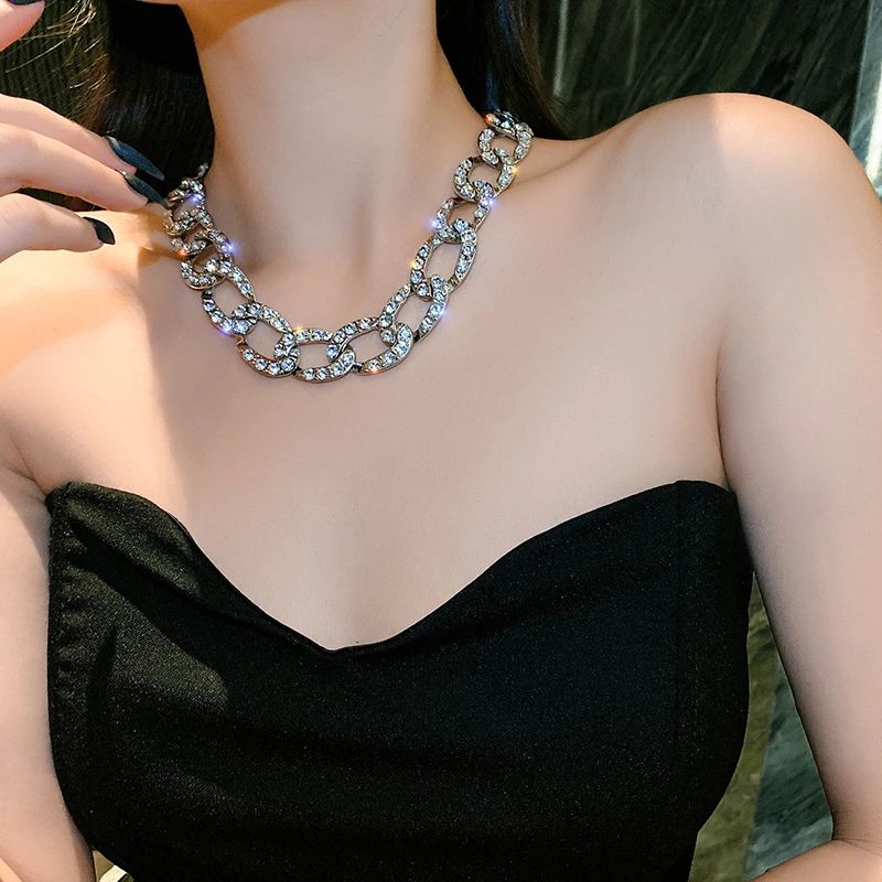 铜合金合成锆石项链 277-1环环相扣高级闪亮女项链女锁骨链夸张