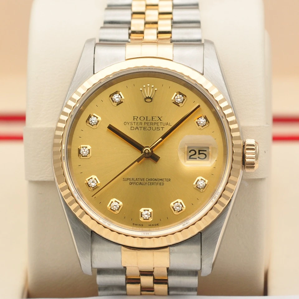99新 Rolex/劳力士 爱换/日志型16233香槟盘间金原钻36mm机械男表