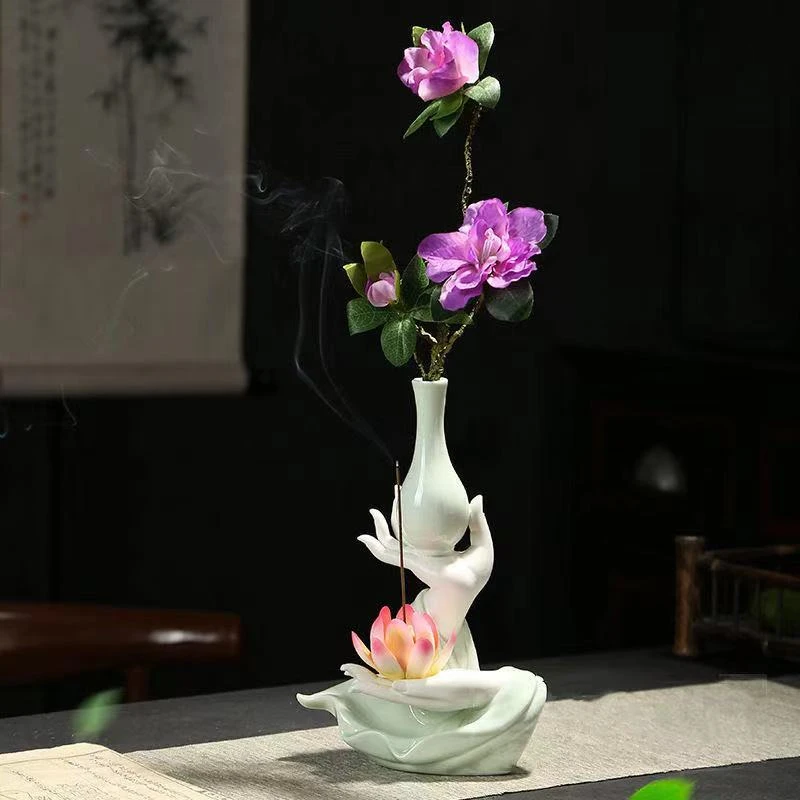 创意陶瓷佛手托瓶 可作花瓶茶室茶道摆件装饰摆件客厅大物件