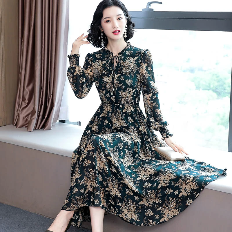 春秋雪纺连衣裙长袖女2025新款气质大码长款修身收腰显瘦碎花裙女