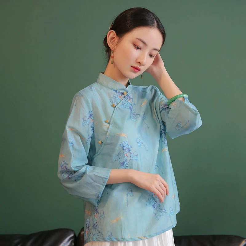 梵家日常汉元素立领偏襟汉服改良旗袍上衣女复古中国风宽松九分袖