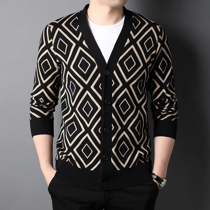 老爷车男士针织开衫时尚休闲宽松格子春秋季长袖外穿毛衣秋装外套