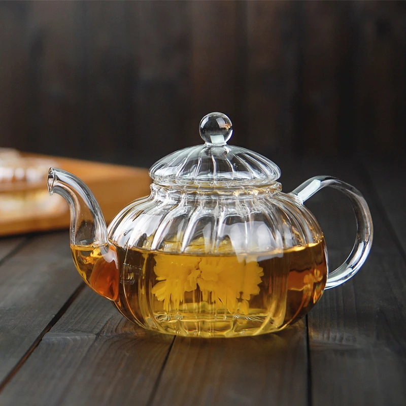 耐热茶具玻璃花草茶壶过滤泡茶壶冲茶器南瓜条纹家用水果单壶日式