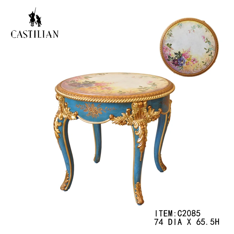 卡斯特兰富贵花开立体雕花手绘茶几金箔圆形法式浪漫咖啡桌茶几