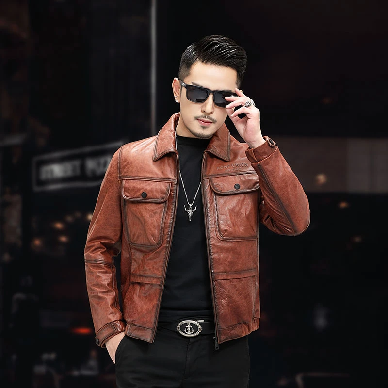 香槟色海宁翻领修身真皮油蜡小牛皮男士短款休闲皮夹克美式皮夹克