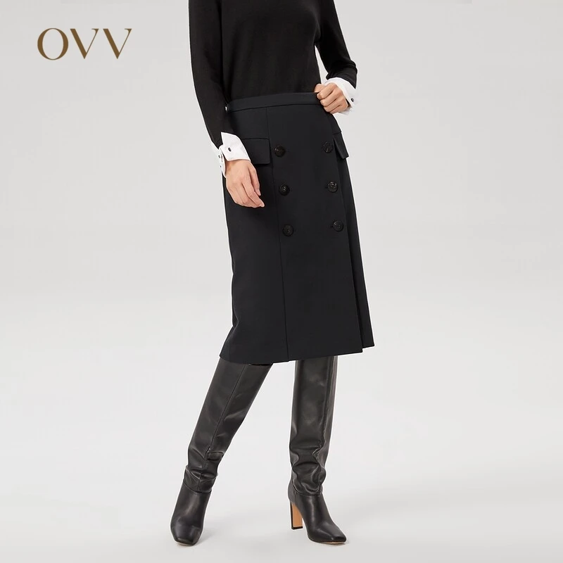 OVV秋冬新款针织羊毛混纺复古双排扣修身直筒半身裙GQDDJ31104A