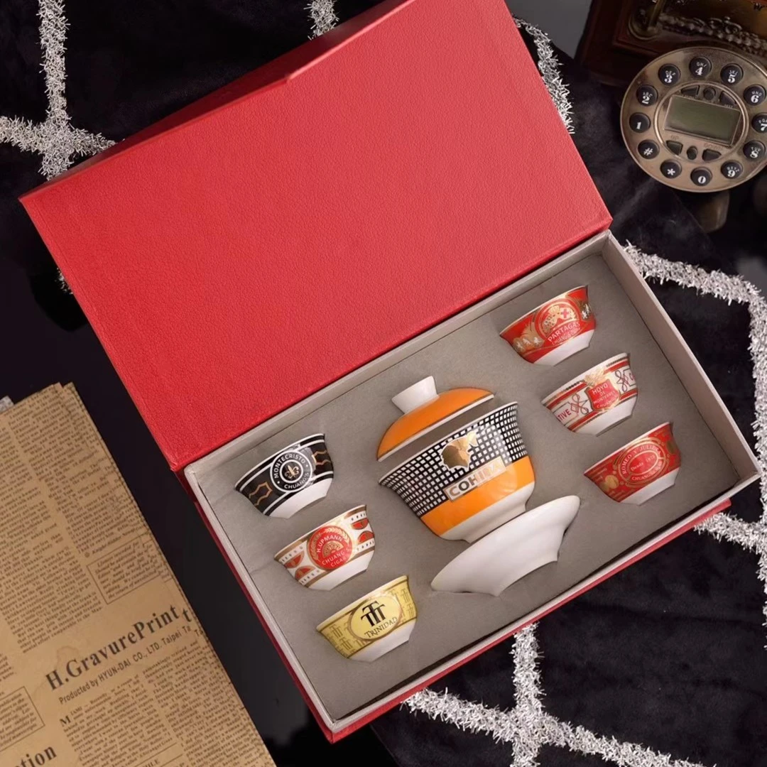 古巴雪茄骨瓷茶具高希霸盖碗烟灰缸打火机摆件张的套盒雪茄用品