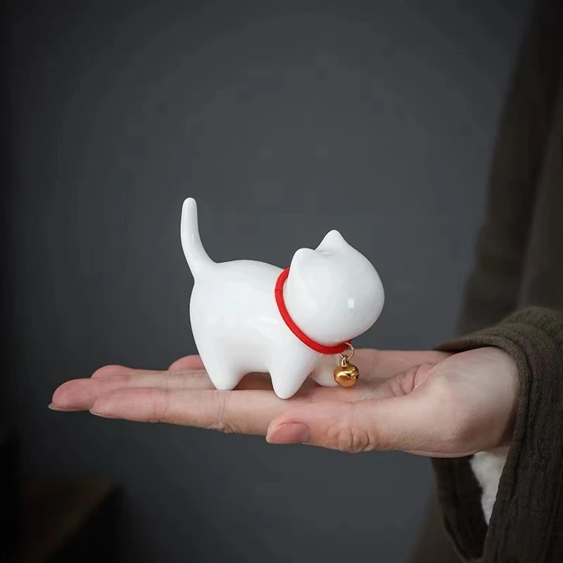 【陶花韵】陶瓷可爱迷你铃铛猫咪茶宠摆件创意笔架笔搁家用茶玩摆设