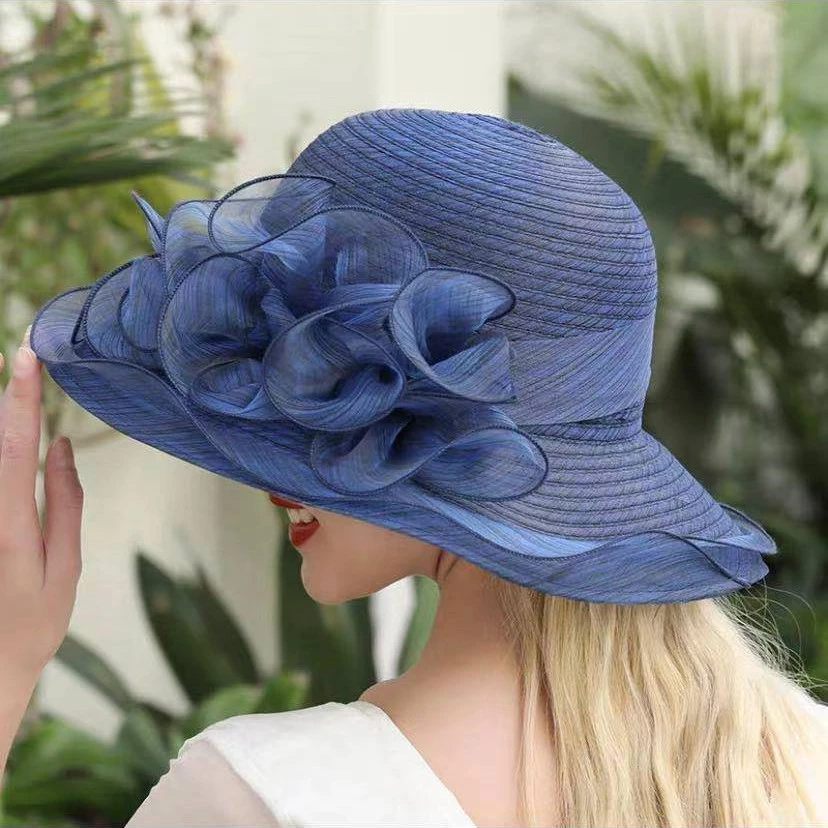 贵妇帽子网纱帽女生透明透气防晒花朵装饰女帽贵族太阳帽大沿夏季