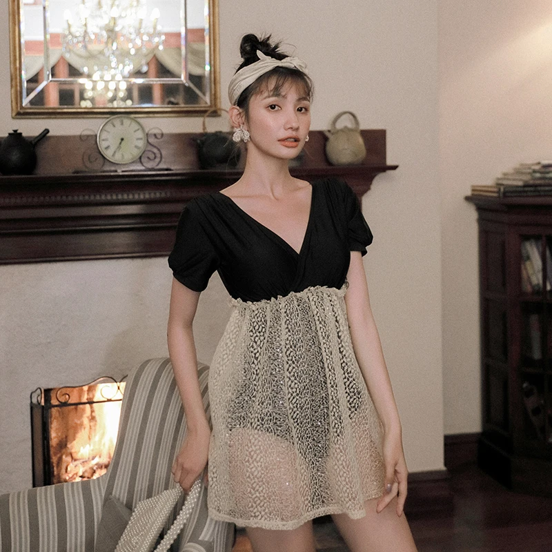 英式复古少女连体裙式保守显瘦遮肚高腰温泉泡澡29662优雅泳衣