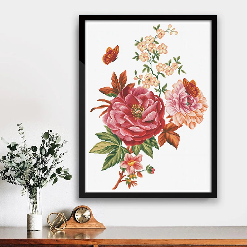 【捡漏】KS十字绣炫彩蝶舞三联画花卉牡丹非满绣无勾边简约62*82cm