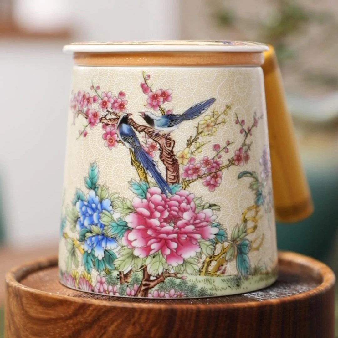 掐丝牡丹 家用陶瓷茶水分离杯办公个人茶杯功夫茶具大容量水杯