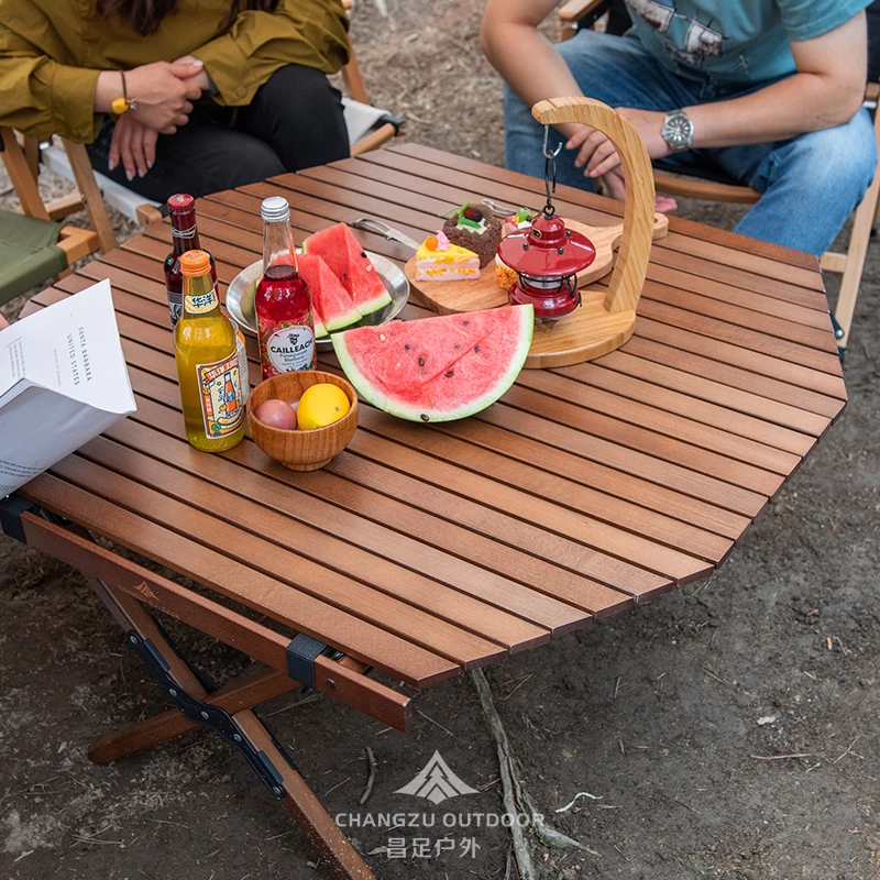 昌足户外实木折叠桌便携式野餐露营烧烤桌子八角蛋卷桌野营餐桌