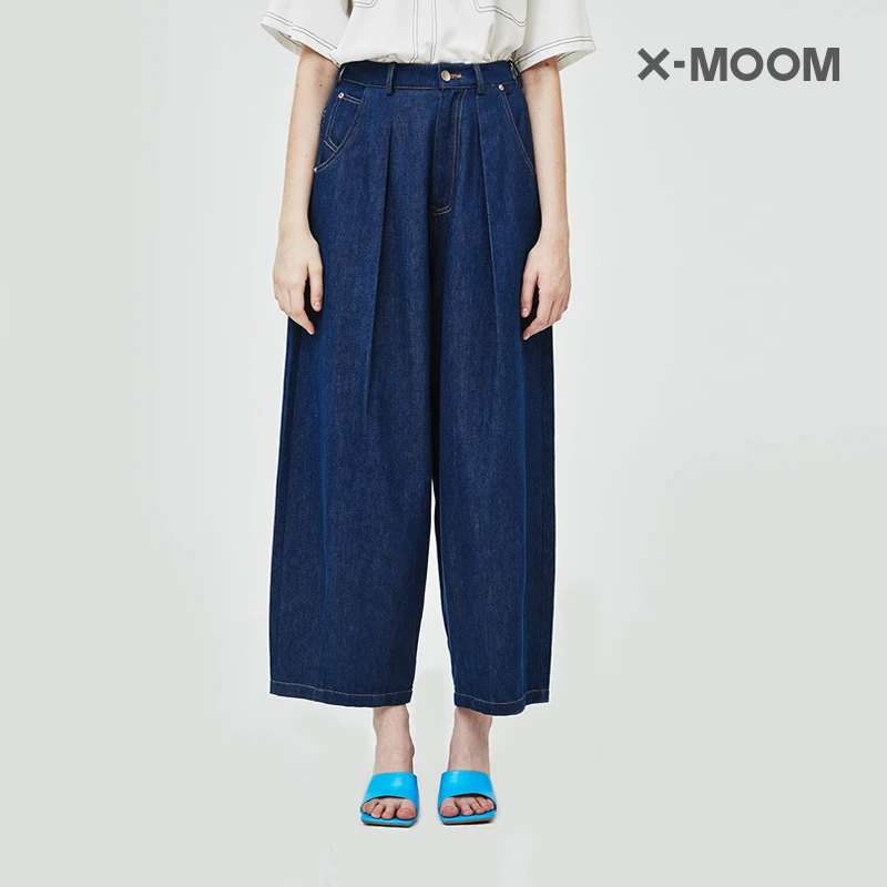 X--MOOM夏季新品微橄榄阔腿原色九分裤白搭牛仔裤复古ZTXNN15417