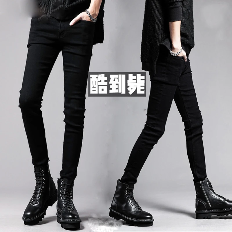秋冬季黑色牛仔裤男士修身小脚裤潮牌九分潮流弹力紧身加绒休闲裤