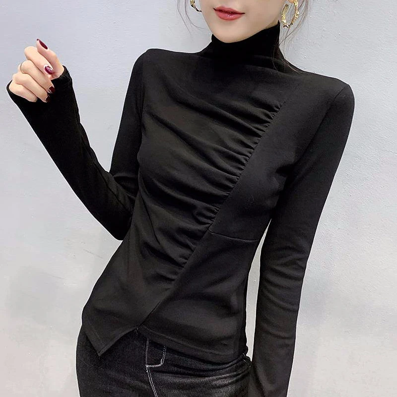 小高领打底衫女秋冬新款时尚不规则T恤女长袖修身百搭内洋气上衣