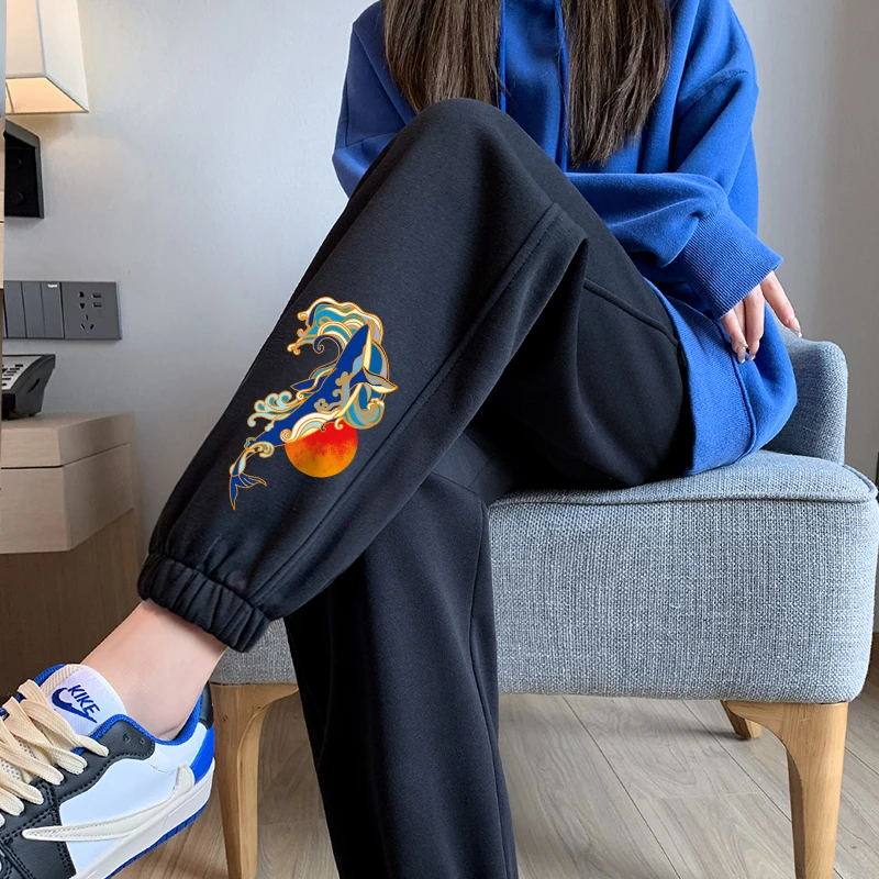 运动裤女秋冬2025新款春季宽松束脚中国风新年印花休闲加绒卫裤子