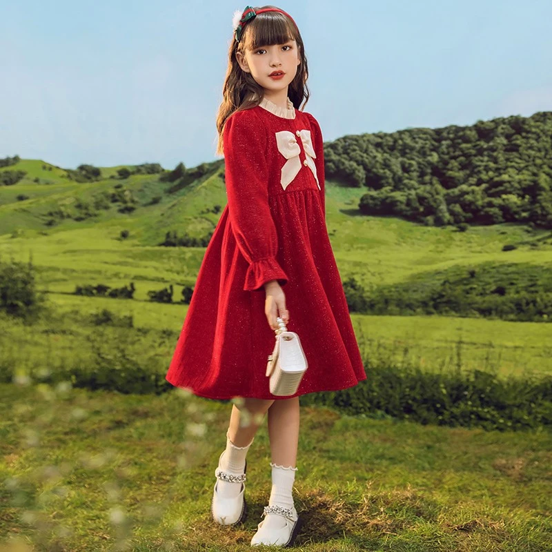 0021女童连衣裙2022新款洋气秋装红色儿童裙子中大童公主裙童装