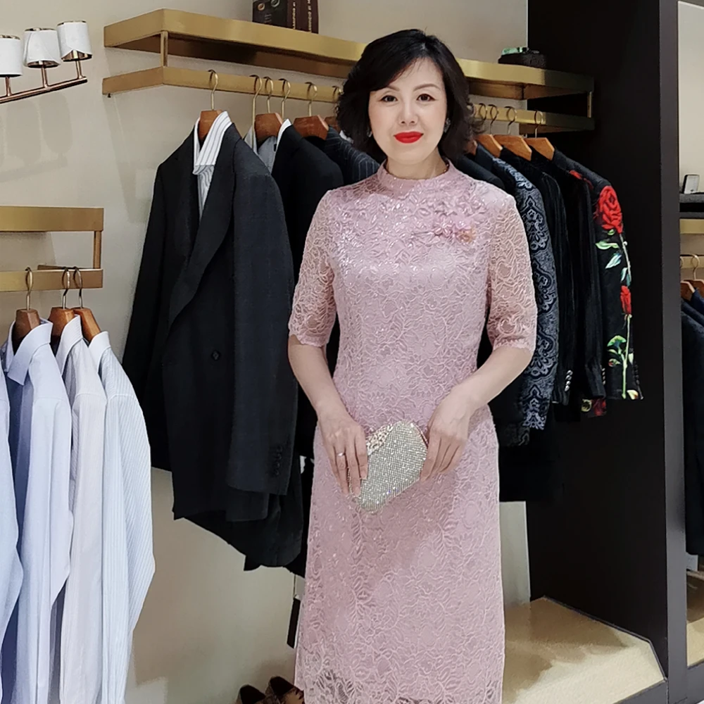应大定制粉红色连衣裙蕾丝宴会场合装喜妈妈装
