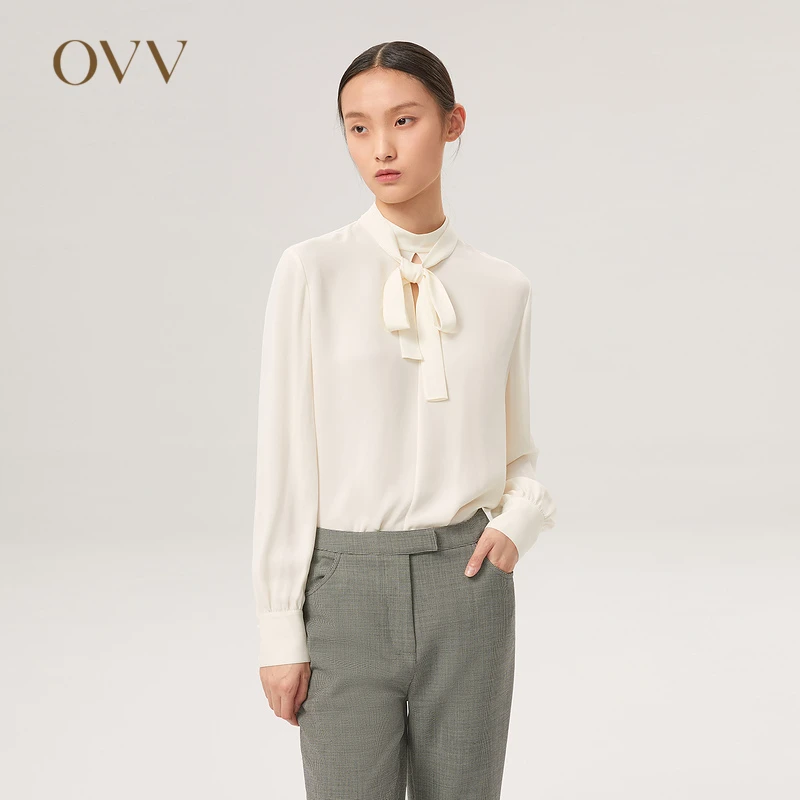 OVV秋冬新款25MM加捻双乔半高领系飘带重磅真丝衬衫GNSAJ31111A