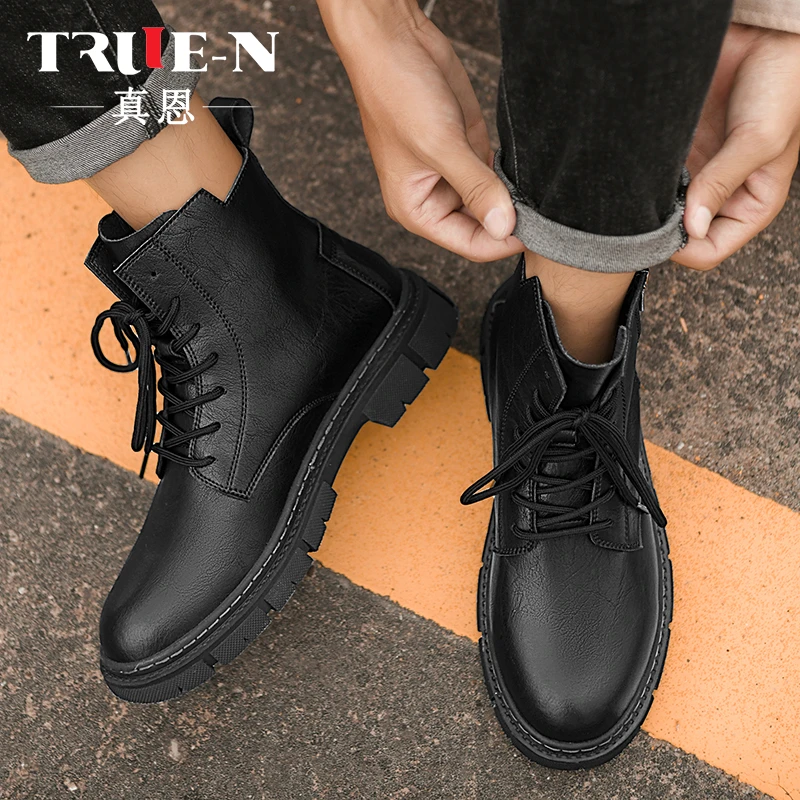 TRUE-N/真恩男靴牛皮真皮春秋季短靴机车靴加绒马丁靴子男高帮靴
