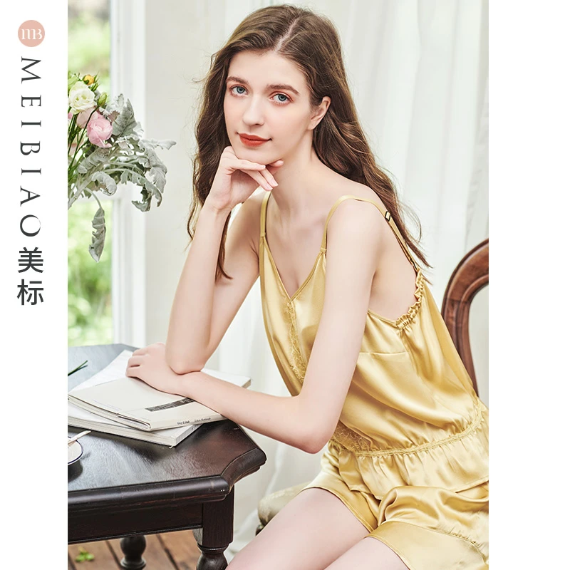美标夏季19姆米重磅桑蚕丝女士吊带短裤睡衣套装丝绸家居服100032
