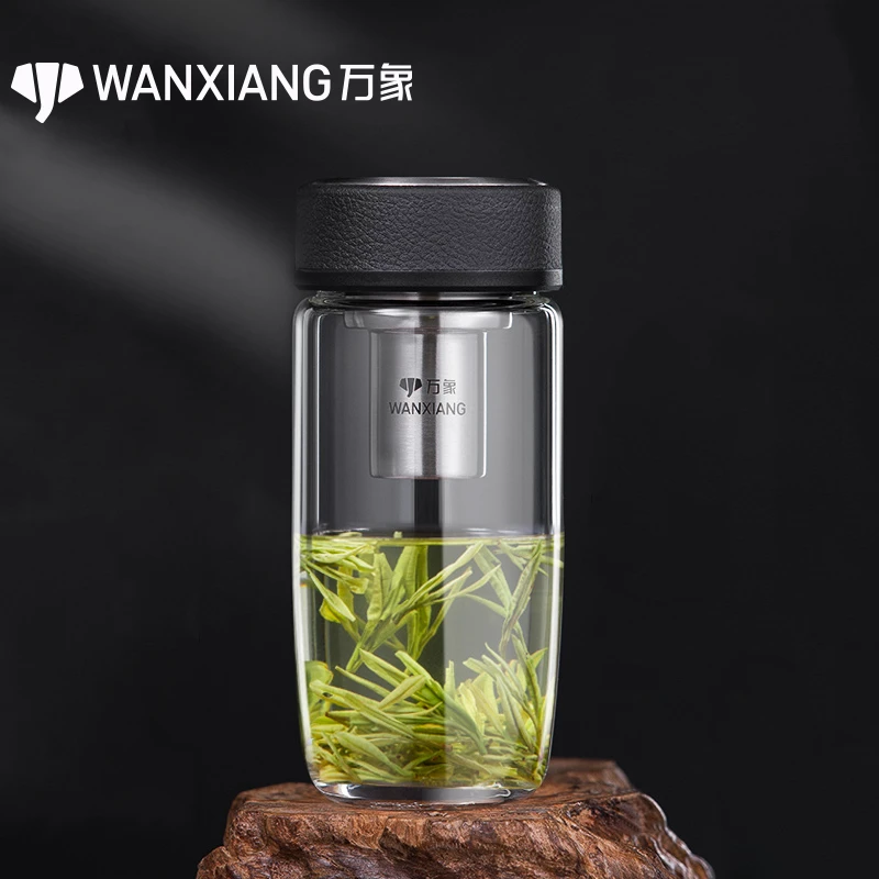 万象单层玻璃杯高档家用商务泡茶车载水杯便携透明耐热带盖茶水杯