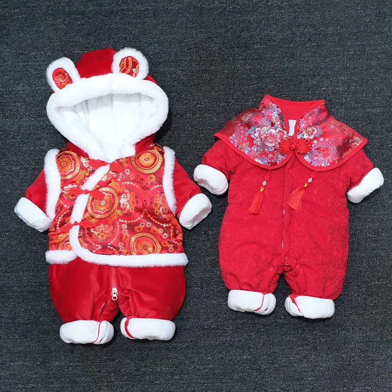 婴儿加厚连体衣冬季新款棉服男女宝宝外出穿大红色拜年服汉服哈衣