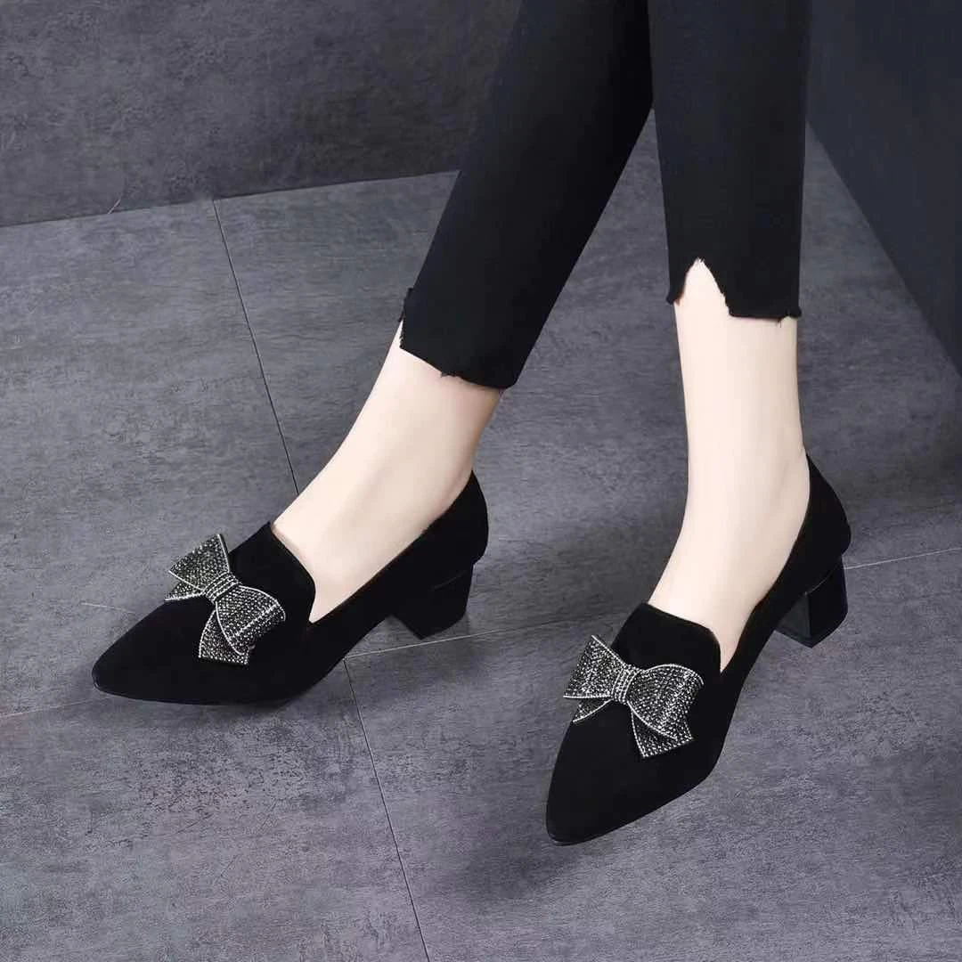 N新款中跟闪钻小单鞋CN299春季软底百搭尖头春秋粗跟优雅女士单鞋