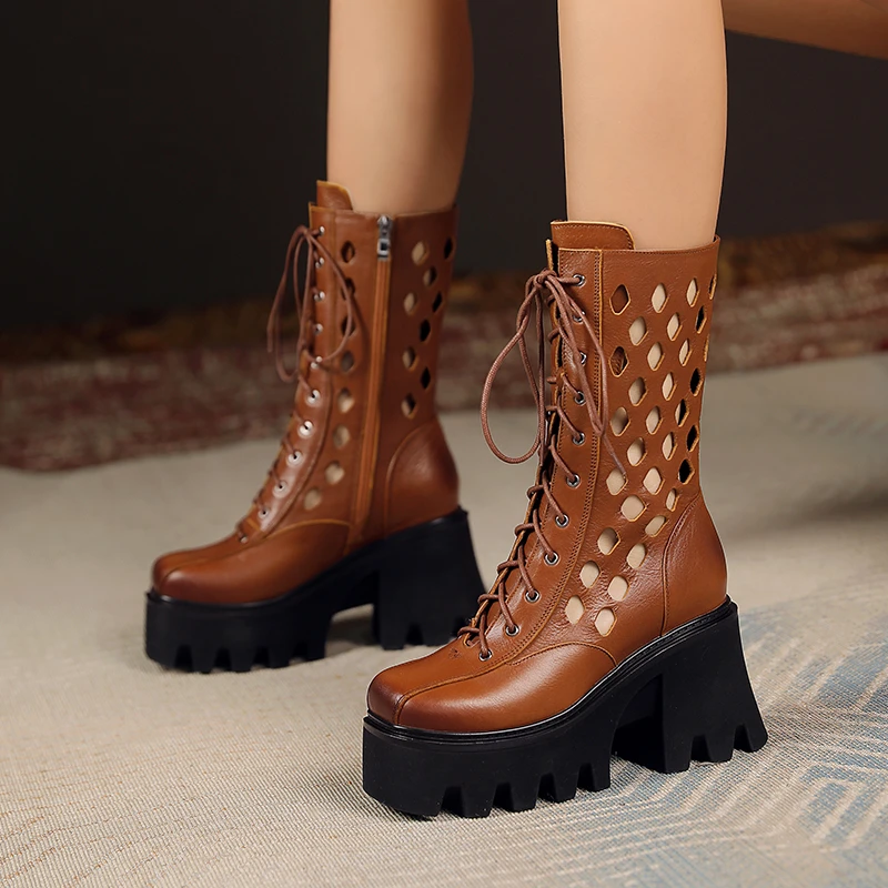 真皮粗跟复古马丁靴女新款英伦风靴子10cm增高厚底中筒镂空女士鞋
