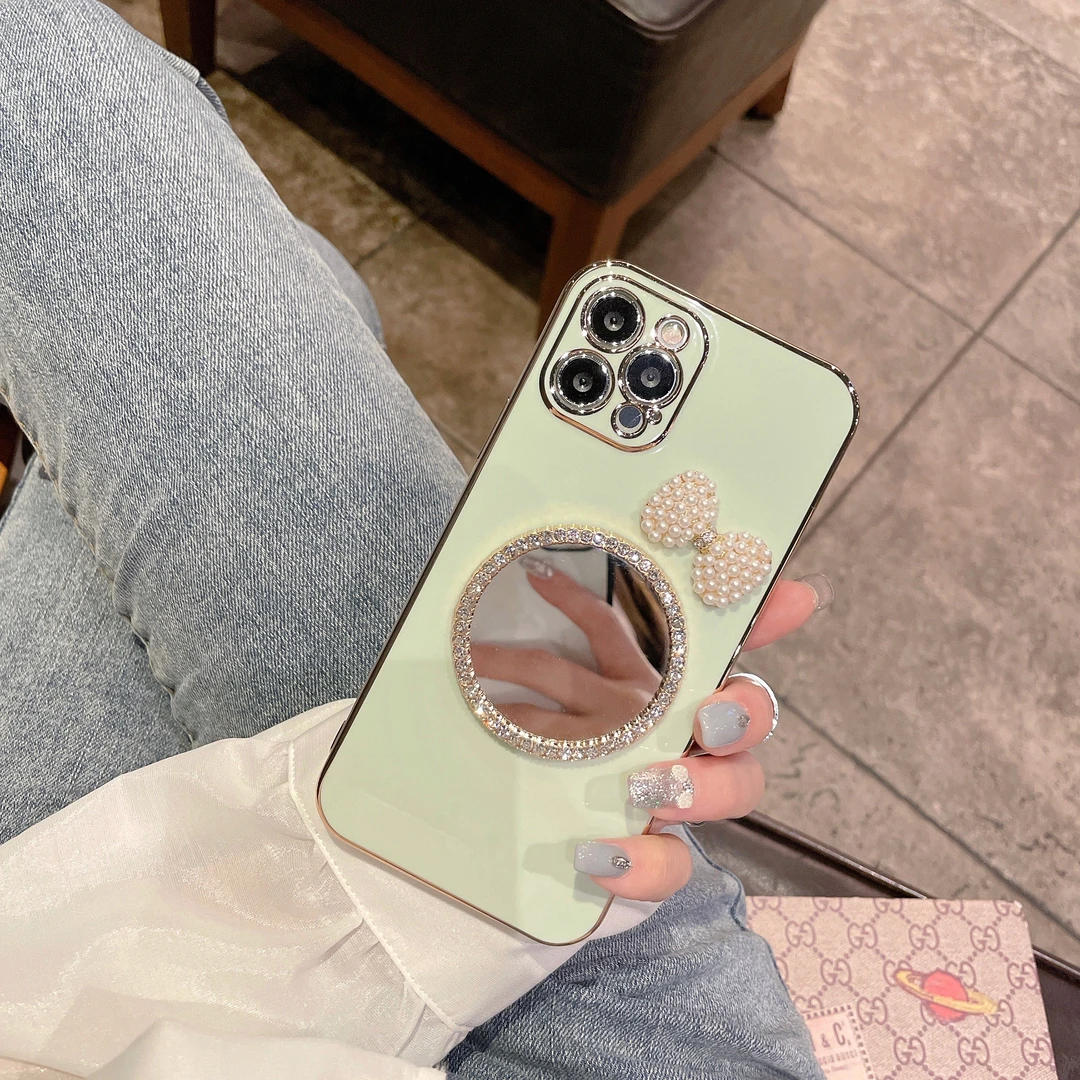 直边电镀珍珠蝴蝶结补妆镜子适用苹果12手机壳iphone11Pro max女