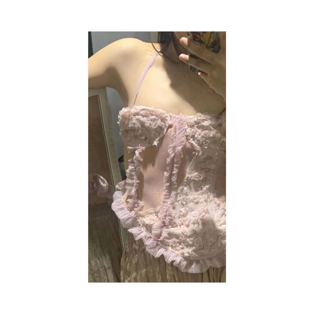 仙子狗尾巴花重工中世纪立体盘花鱼骨ins蕾丝挂脖系带短款胸衣