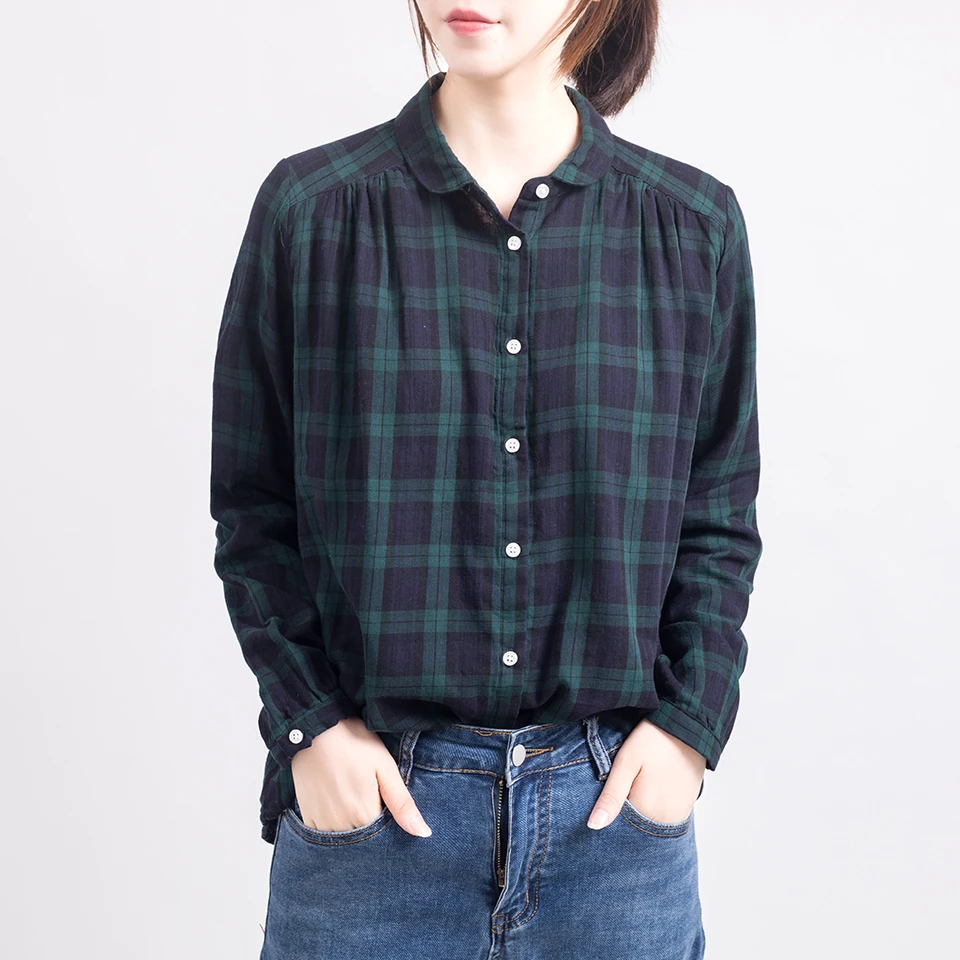 文艺双层棉纱格子女衬衫长袖宽松婴儿纱外穿娃娃领上衣