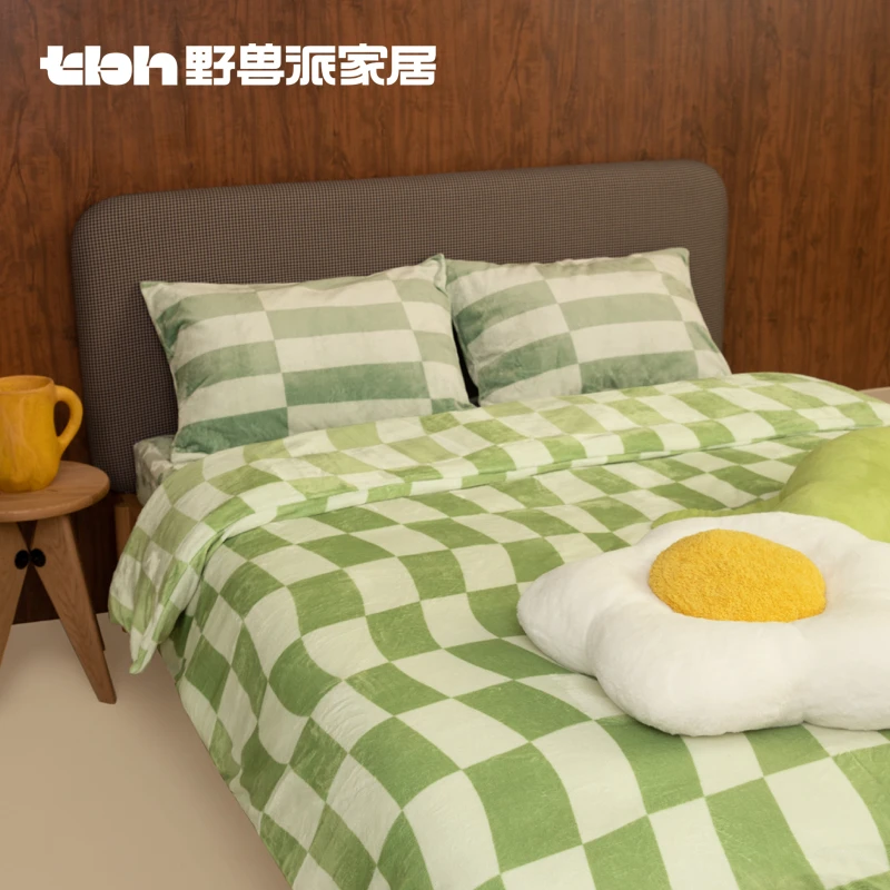 tbh/野兽派家居床上四件套欧阳娜娜同款棋盘格法兰绒床笠冬dr