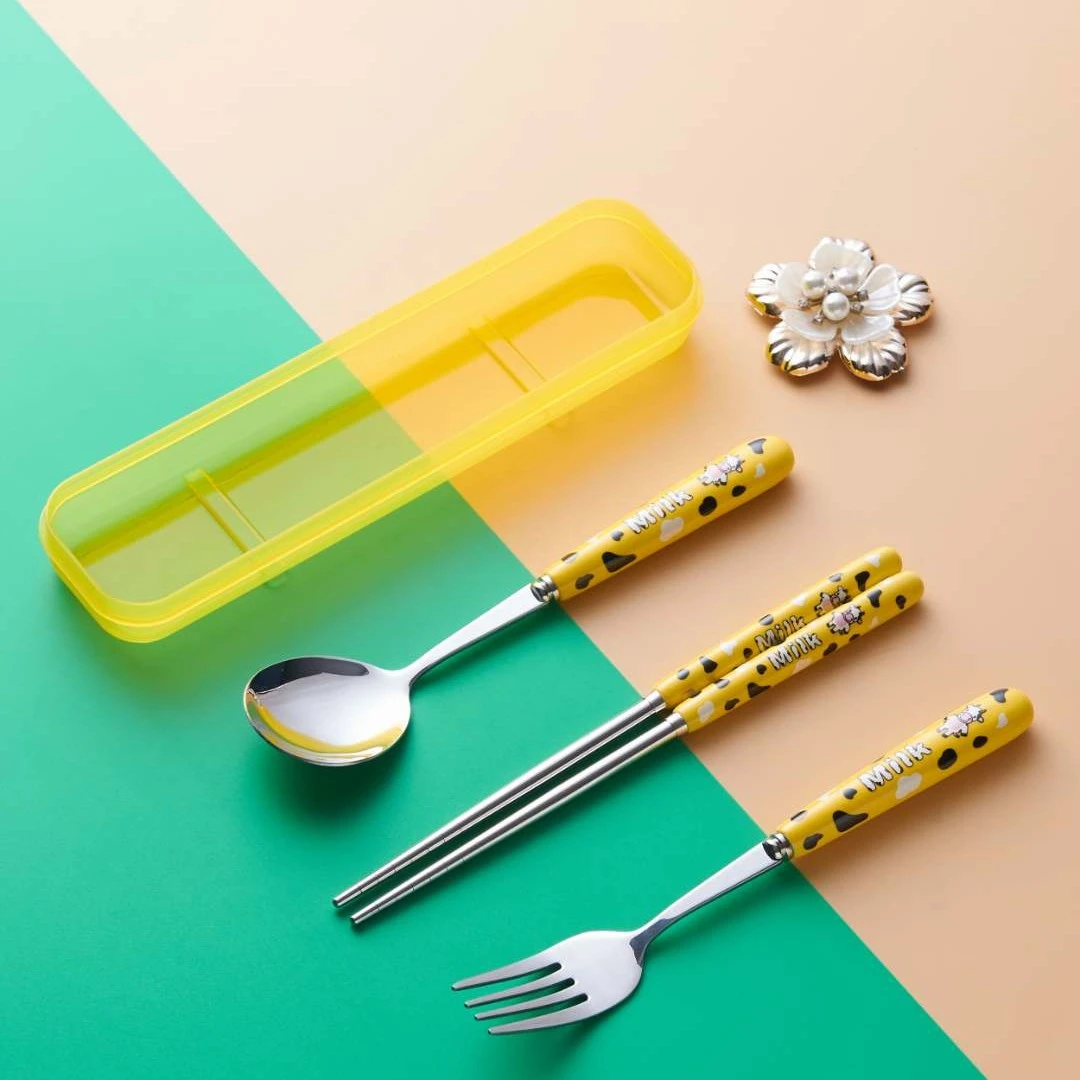儿童学生便携式餐具套装卡通单人筷子勺子叉子旅行餐具上班族钢勺