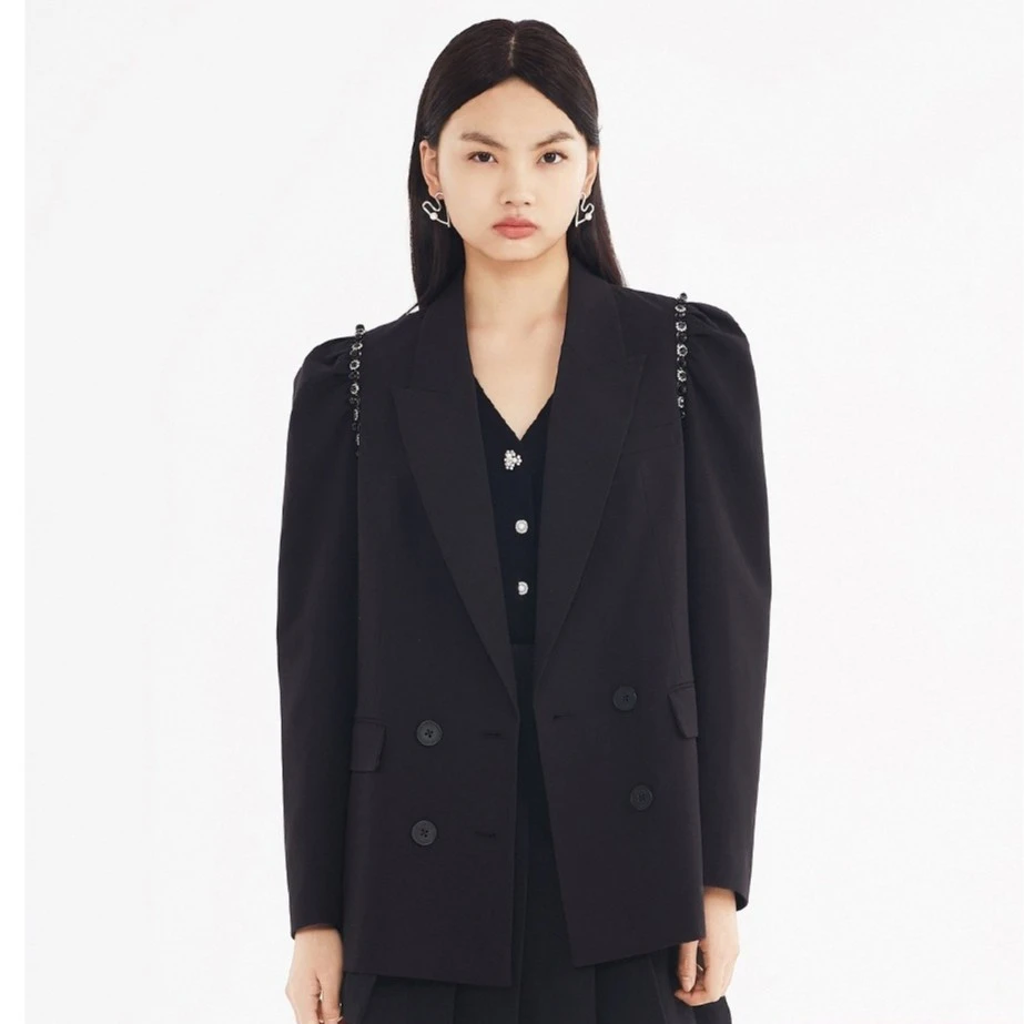 曼娅奴黑色西装外套女秋季新款高级感炸街宽松廓形链条小西服
