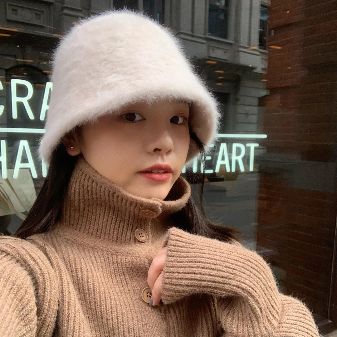 太温柔啦~日系复古百搭遮脸兔毛水桶帽子女韩版秋冬保暖渔夫盆帽