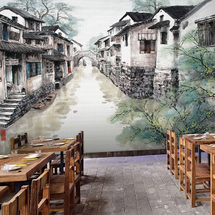 现代中式风景水墨画壁纸餐厅火锅烧烤饭店背景墙江南水乡壁画墙纸