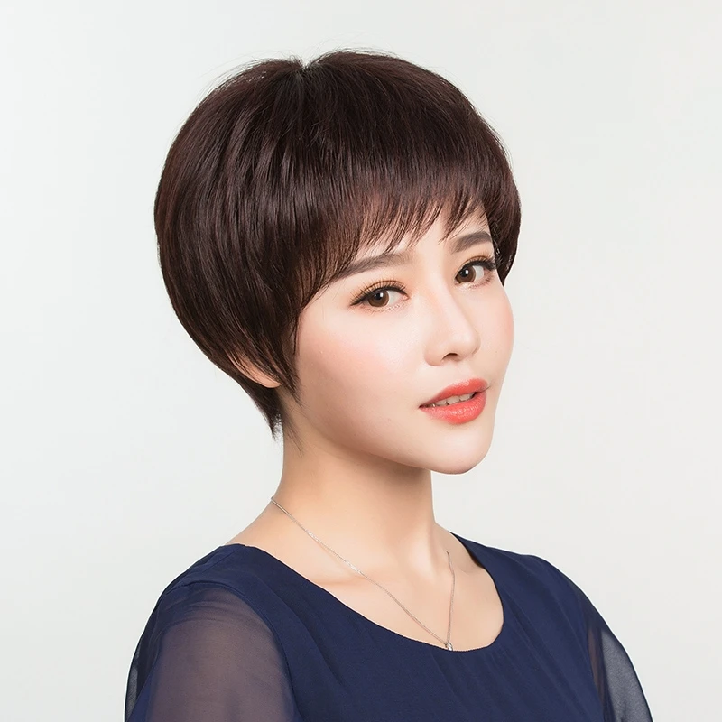 假发女短发短直发全头套全真发中老年圆脸妈妈发时尚蓬松自然透气