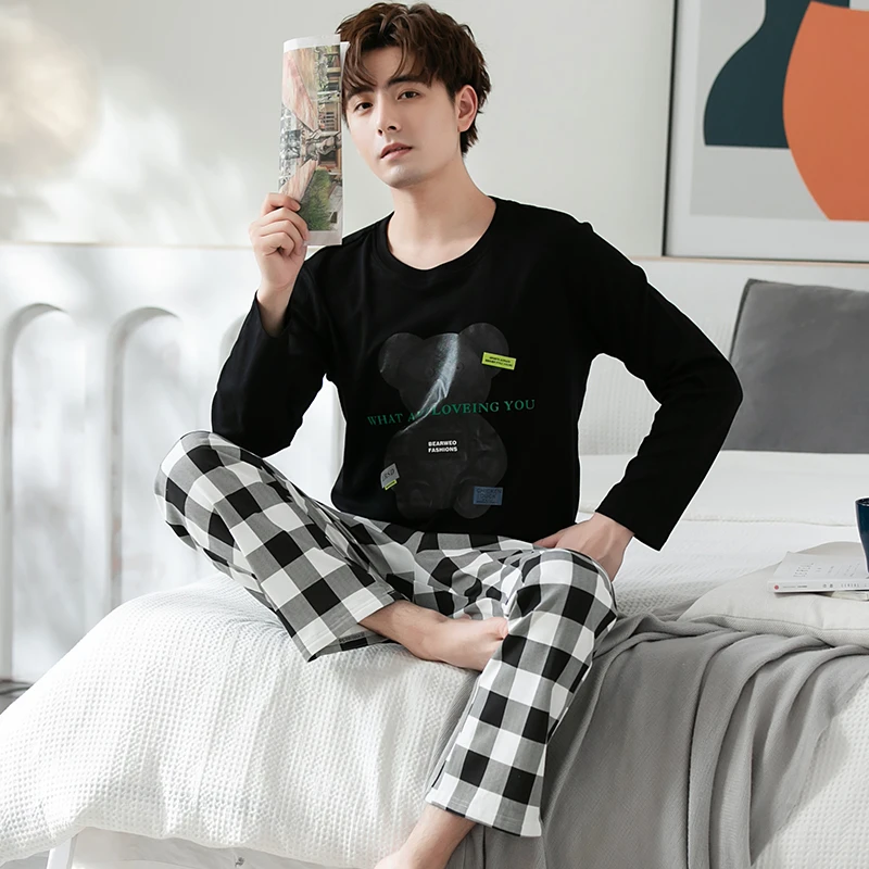 100%全棉加厚长袖睡衣男秋冬季外穿百搭简约纯棉舒适家居服春秋款