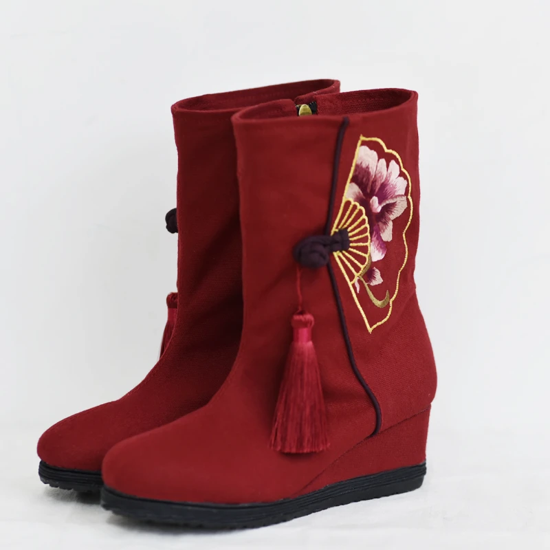 【香扇】汉舞民族风千层底布鞋侧拉链外坡跟中筒女单靴