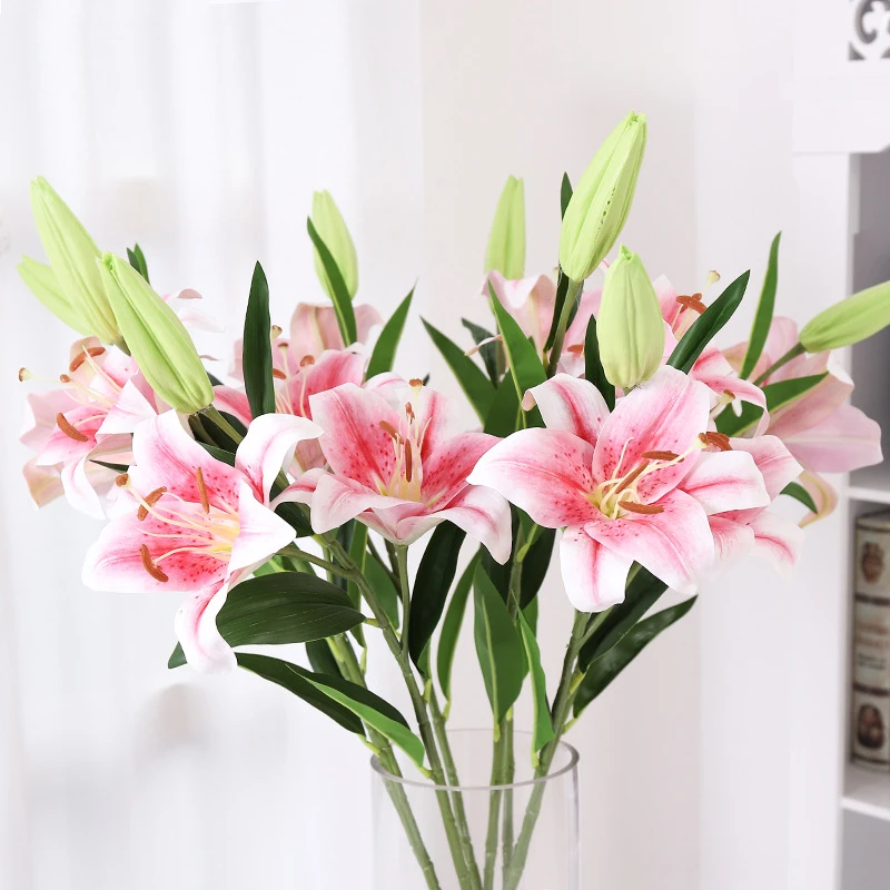 仿真花3头塑胶百合花婚庆家居装饰花卉仿真盆栽简约家居摄影摆件