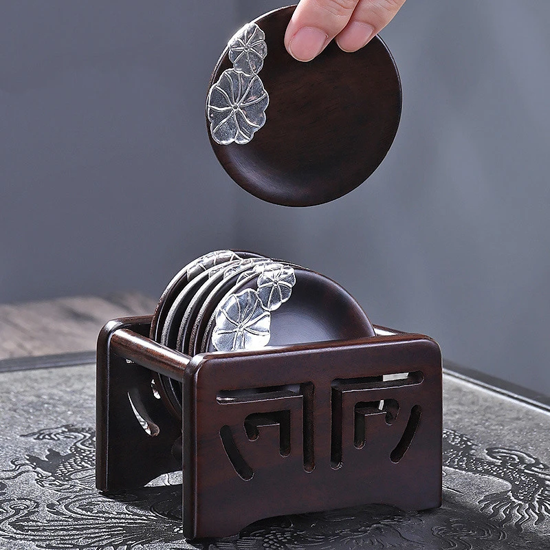 煌山黑檀圆形杯托组镶锡荷叶浮雕家用茶托茶杯隔热垫收纳架茶托垫