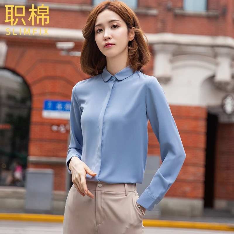 职棉长袖娃娃领雪纺白衬衫女职业气质工作服衬衣春秋女士商务时尚