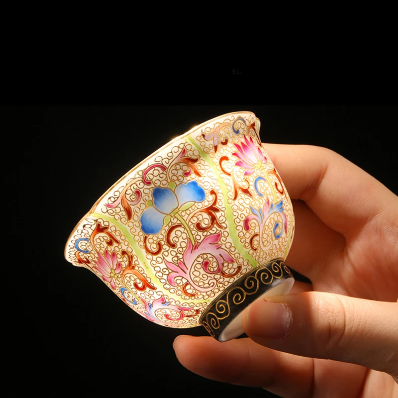 钟家窑品茗杯景德镇功夫茶家用陶瓷单杯描金掐丝葵口主人杯礼盒装