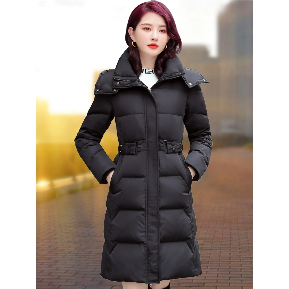 女士羽绒服中长款2025年新款冬季时尚妈妈加厚保暖白鸭绒黑色外套