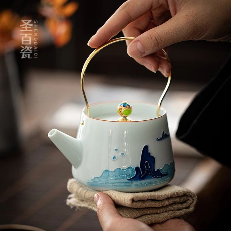 手绘填彩提梁壶手工德化陶瓷功夫茶具单壶中式手提过滤家用泡茶壶