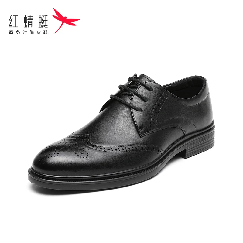 红蜻蜓英伦风男鞋商务休闲皮鞋舒适透气牛皮百搭软底男士系带皮鞋