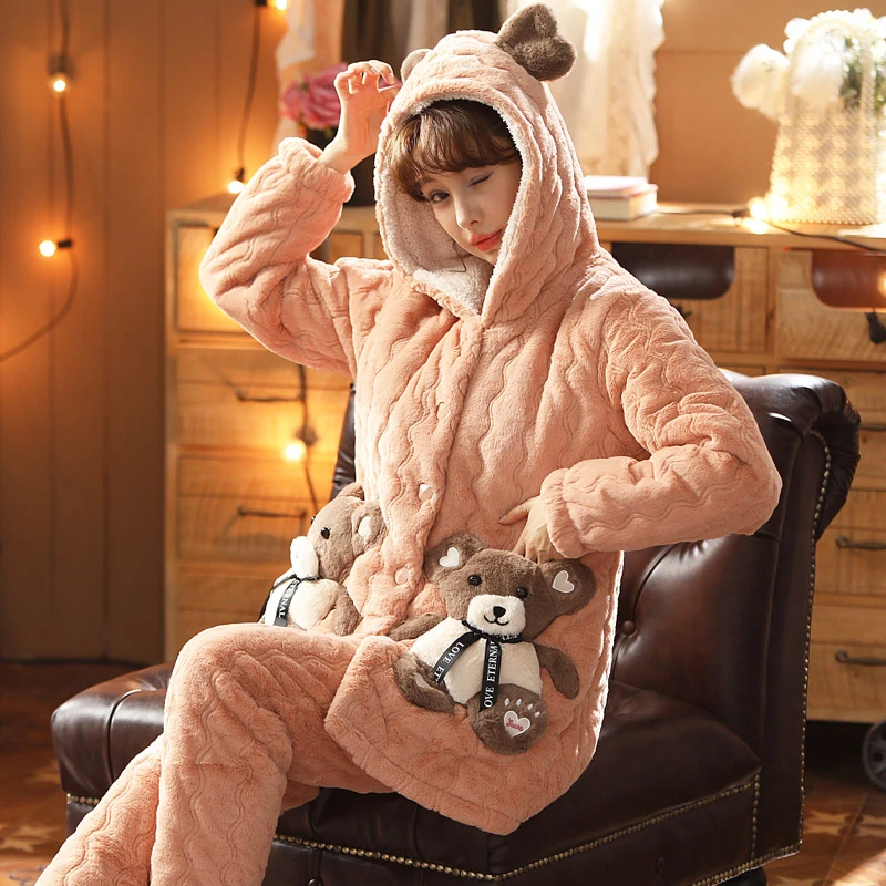 冬季三层加厚保暖加绒夹棉睡衣套装家居服8868#奶茶色