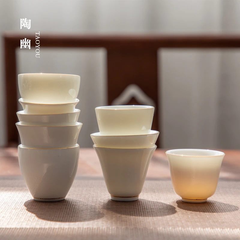 陶幽羊脂白玉瓷品茗杯手工描金茶碗主人单杯陶瓷茶盏茶碗功夫茶杯